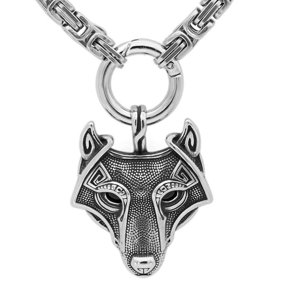 HANDMADE King's Stainless Steel Necklace with Viking Wolf Head Pendant - VikingsBrand