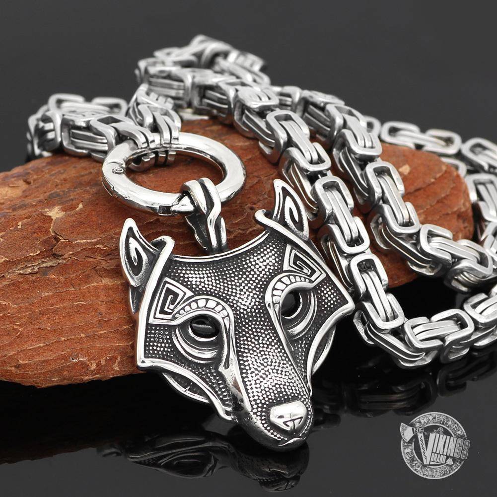 HANDMADE King's Stainless Steel Necklace with Viking Wolf Head Pendant - VikingsBrand