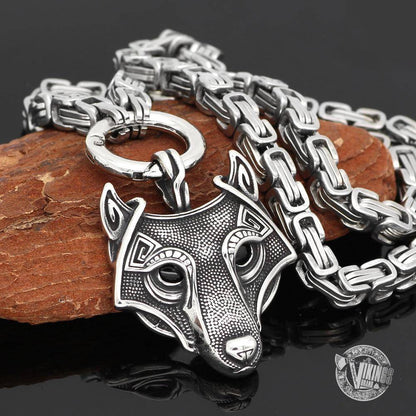 HANDMADE King's Stainless Steel Necklace with Viking Wolf Head Pendant - VikingsBrand
