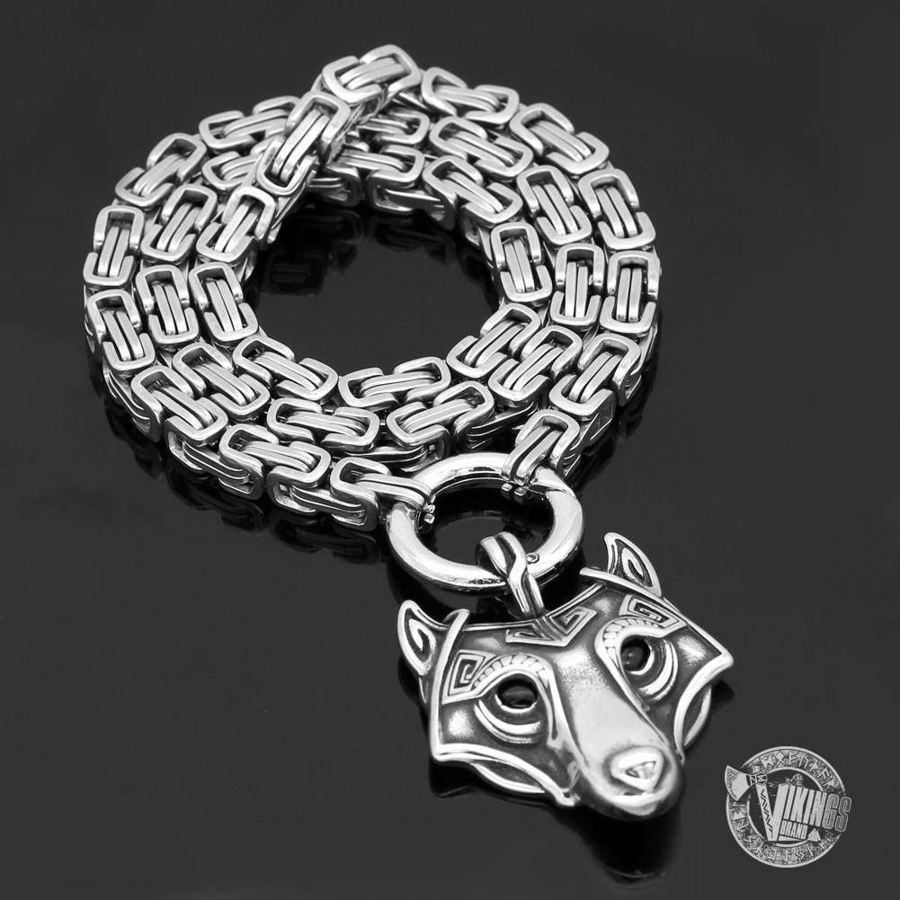 HANDMADE King's Stainless Steel Necklace with Viking Wolf Head Pendant - VikingsBrand