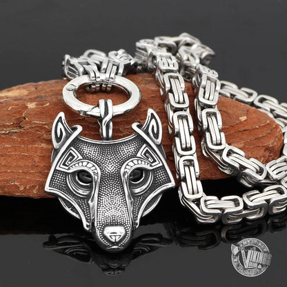 HANDMADE King's Stainless Steel Necklace with Viking Wolf Head Pendant - VikingsBrand