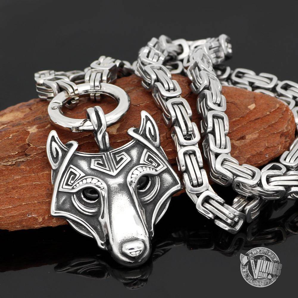 HANDMADE King's Stainless Steel Necklace with Viking Wolf Head Pendant - VikingsBrand