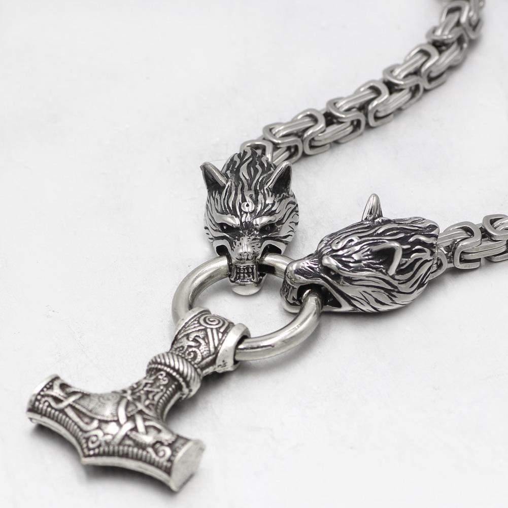 HANDMADE King's Stainless Steel Wolf Head Necklace with Huge Thor's Hammer - VikingsBrand