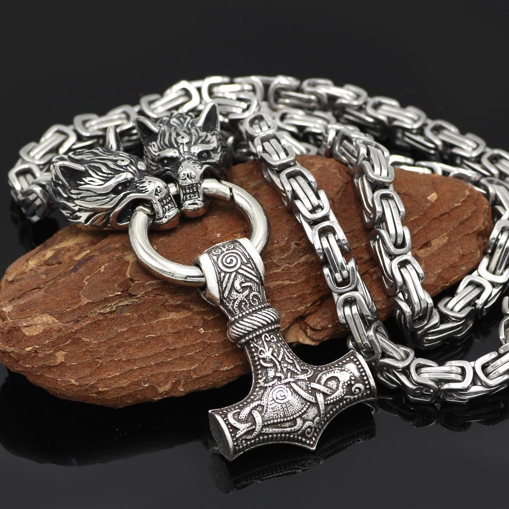 HANDMADE King's Stainless Steel Wolf Head Necklace with Huge Thor's Hammer - VikingsBrand