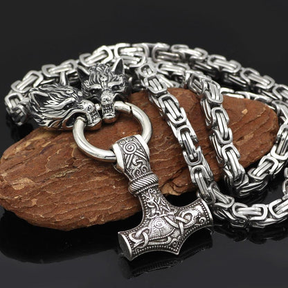 HANDMADE King's Stainless Steel Wolf Head Necklace with Huge Thor's Hammer - VikingsBrand