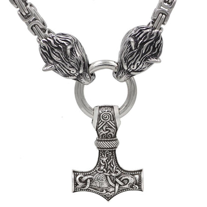 HANDMADE King's Stainless Steel Wolf Head Necklace with Huge Thor's Hammer - VikingsBrand