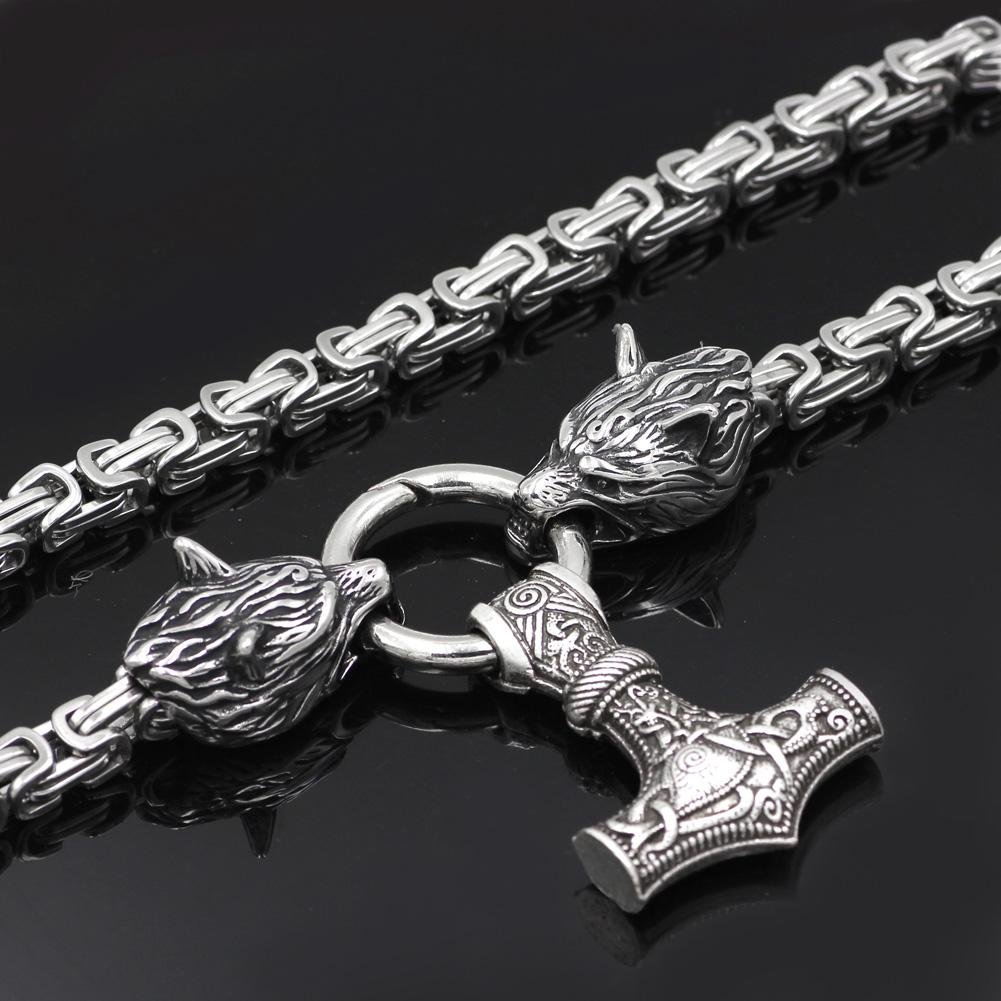 HANDMADE King's Stainless Steel Wolf Head Necklace with Huge Thor's Hammer - VikingsBrand