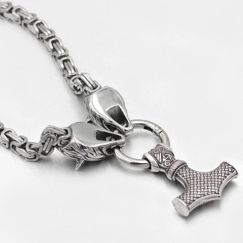 HANDMADE King's Stainless Steel Wolf Head Necklace with Huge Thor's Hammer - VikingsBrand