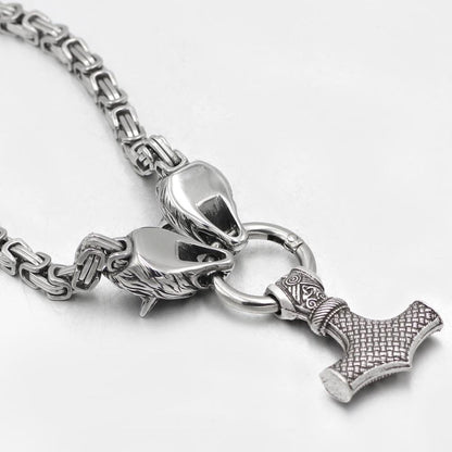 HANDMADE King's Stainless Steel Wolf Head Necklace with Huge Thor's Hammer - VikingsBrand