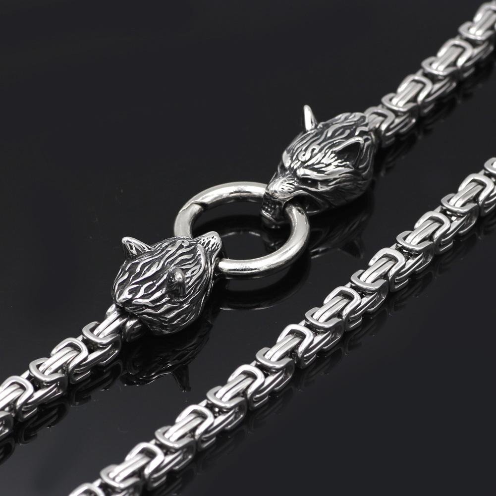 HANDMADE King's Stainless Steel Wolf Head Necklace with Huge Thor's Hammer - VikingsBrand