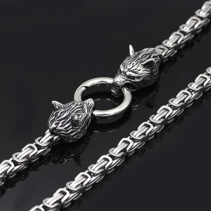 HANDMADE King's Stainless Steel Wolf Head Necklace with Huge Thor's Hammer - VikingsBrand