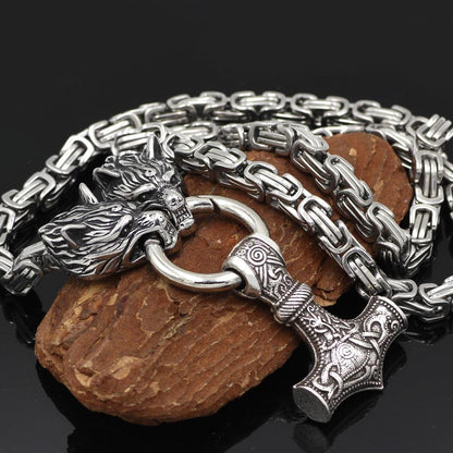HANDMADE King's Stainless Steel Wolf Head Necklace with Huge Thor's Hammer - VikingsBrand