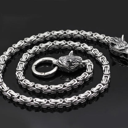 HANDMADE King's Stainless Steel Wolf Head Necklace with Huge Thor's Hammer - VikingsBrand