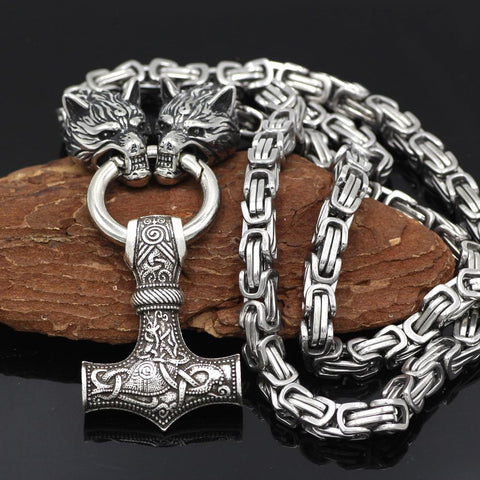 King's Chain Stainless Steel Wolf Head Necklace with Thor's Hammer