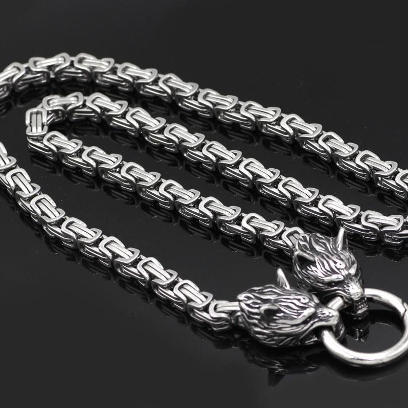HANDMADE King's Stainless Steel Wolf Head Necklace with Huge Thor's Hammer - VikingsBrand