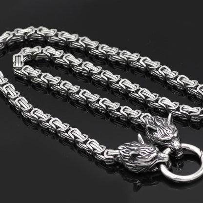 HANDMADE King's Stainless Steel Wolf Head Necklace with Huge Thor's Hammer - VikingsBrand
