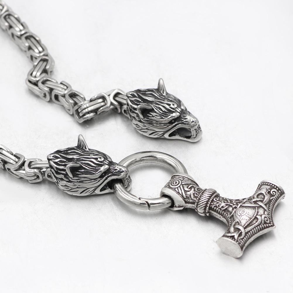 HANDMADE King's Stainless Steel Wolf Head Necklace with Huge Thor's Hammer - VikingsBrand