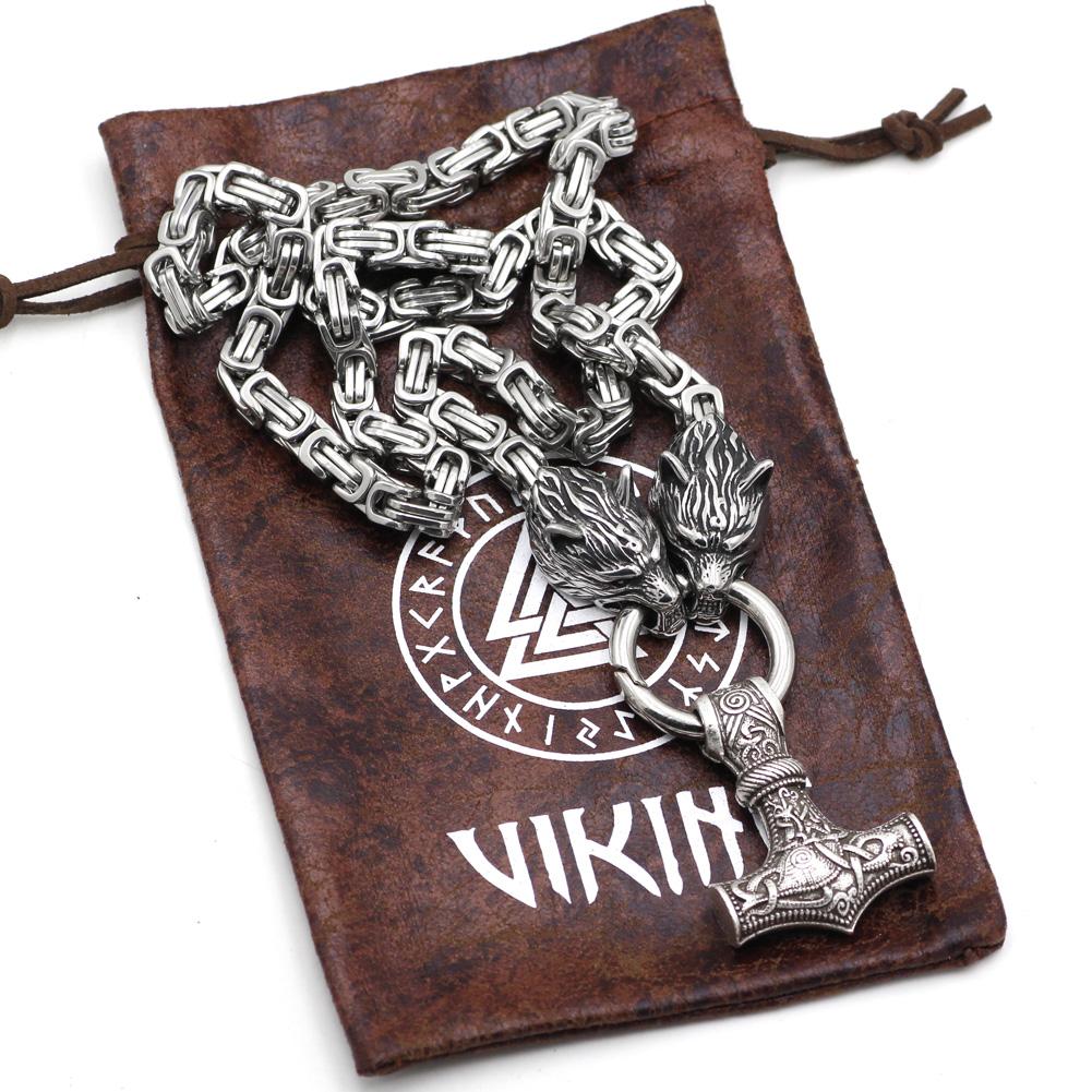 HANDMADE King's Stainless Steel Wolf Head Necklace with Huge Thor's Hammer - VikingsBrand