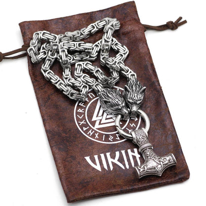 HANDMADE King's Stainless Steel Wolf Head Necklace with Huge Thor's Hammer - VikingsBrand