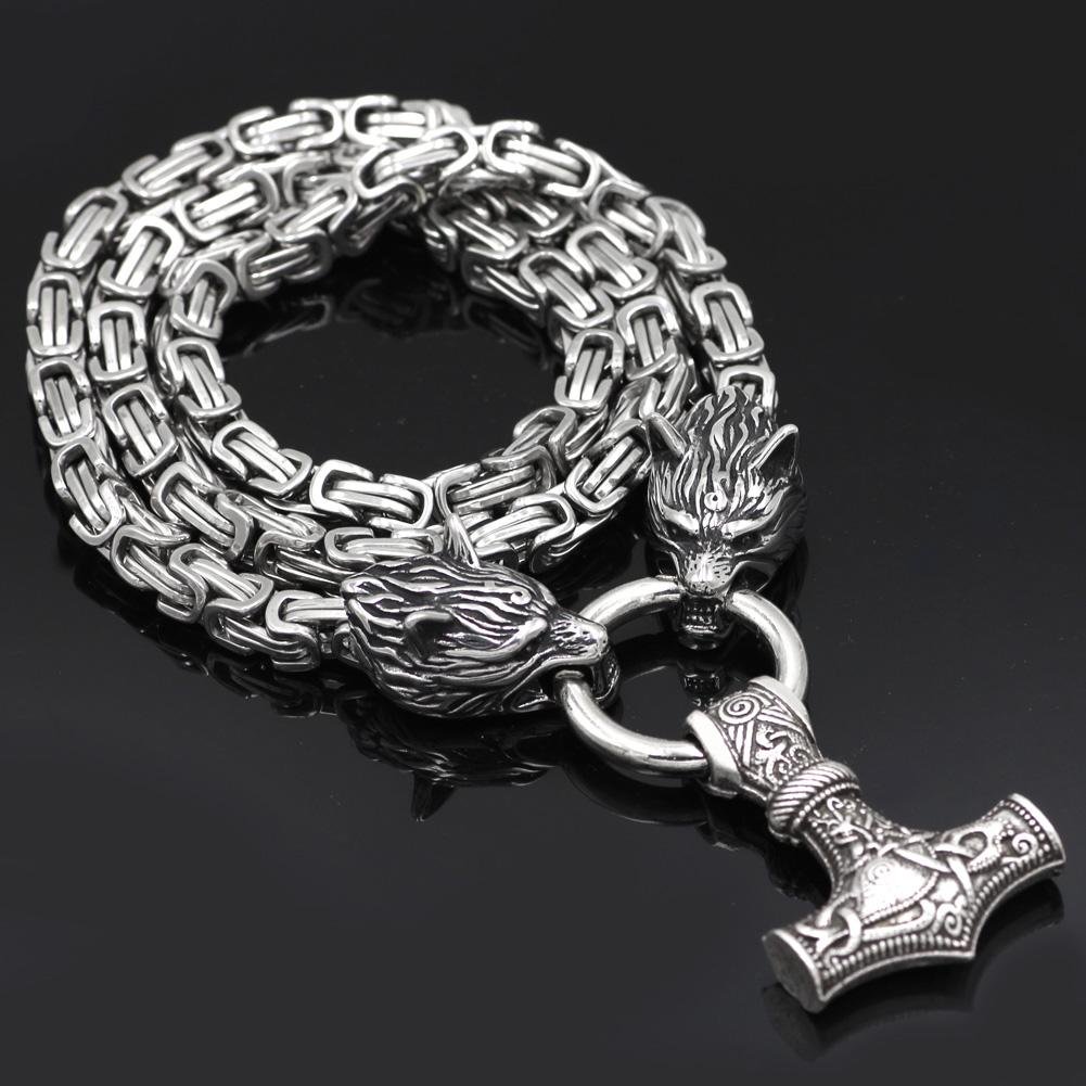 HANDMADE King's Stainless Steel Wolf Head Necklace with Huge Thor's Hammer - VikingsBrand