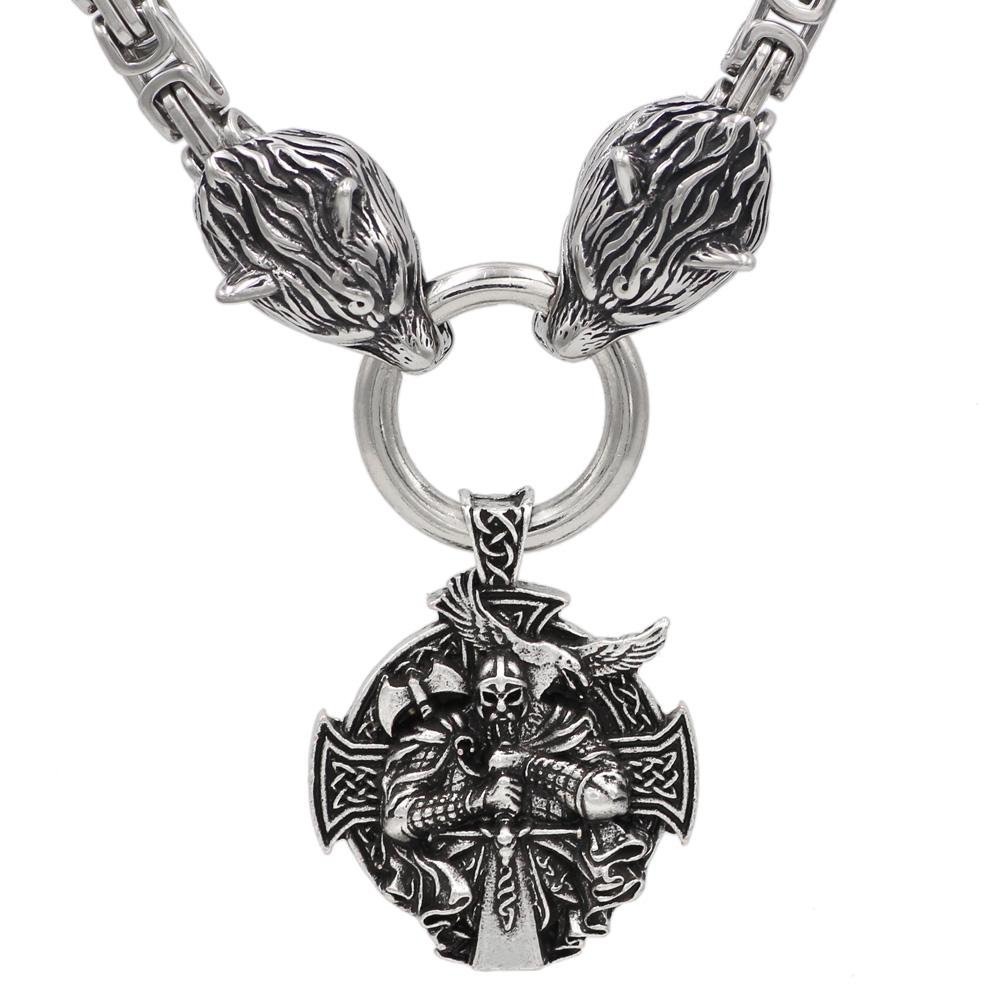 HANDMADE King's Stainless Steel Wolf Head Necklace with Odin Warrior Pendant - VikingsBrand