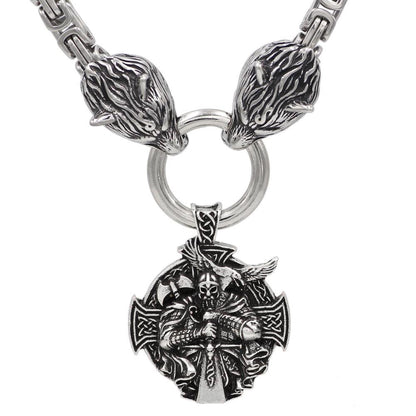 HANDMADE King's Stainless Steel Wolf Head Necklace with Odin Warrior Pendant - VikingsBrand