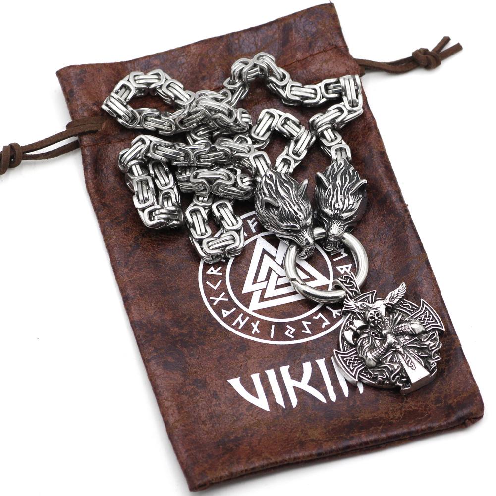 HANDMADE King's Stainless Steel Wolf Head Necklace with Odin Warrior Pendant - VikingsBrand