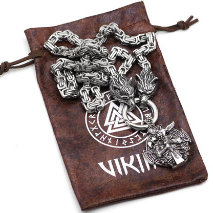 HANDMADE King's Stainless Steel Wolf Head Necklace with Odin Warrior Pendant - VikingsBrand
