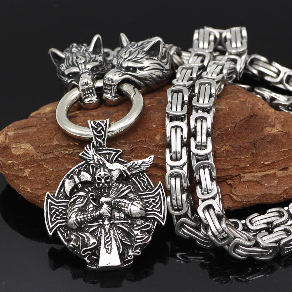 HANDMADE King's Stainless Steel Wolf Head Necklace with Odin Warrior Pendant - VikingsBrand