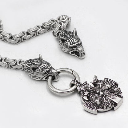 HANDMADE King's Stainless Steel Wolf Head Necklace with Odin Warrior Pendant - VikingsBrand