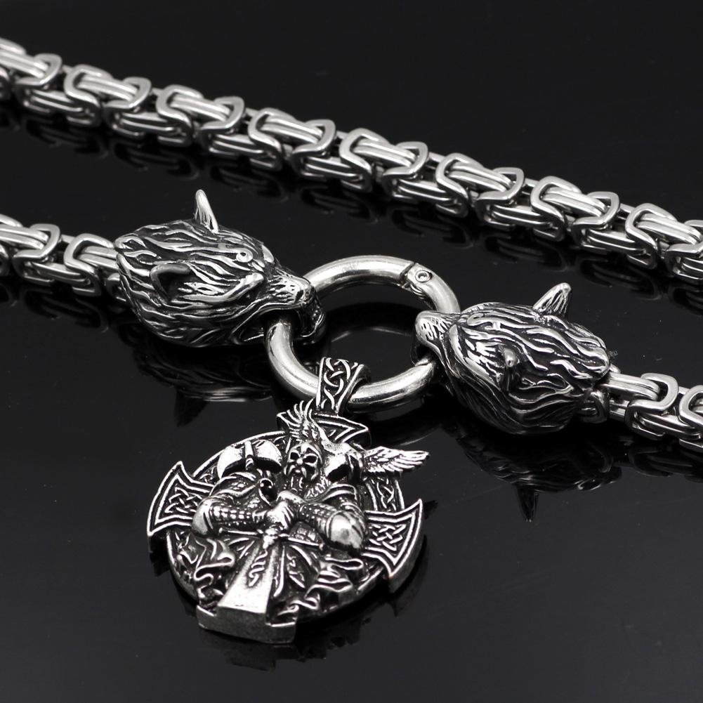 HANDMADE King's Stainless Steel Wolf Head Necklace with Odin Warrior Pendant - VikingsBrand