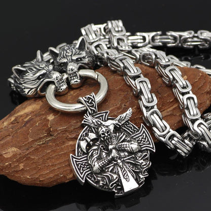 HANDMADE King's Stainless Steel Wolf Head Necklace with Odin Warrior Pendant - VikingsBrand