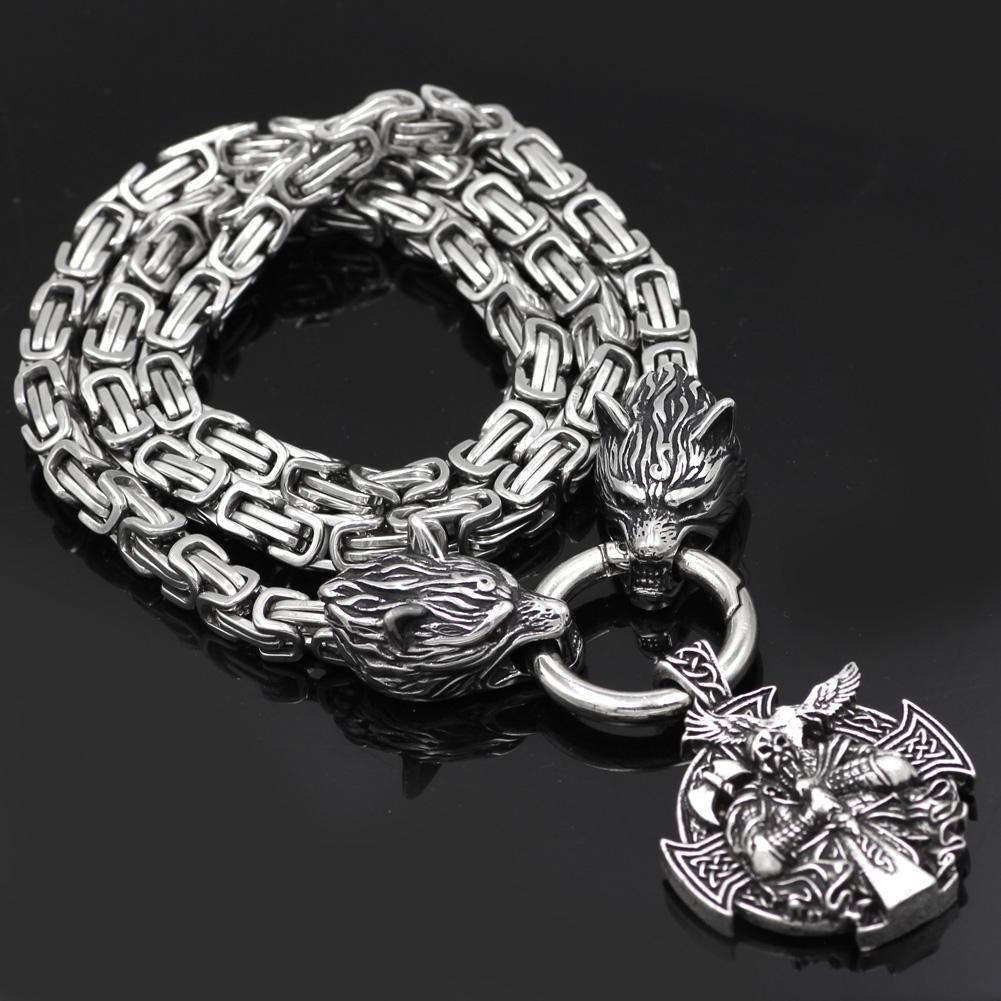 HANDMADE King's Stainless Steel Wolf Head Necklace with Odin Warrior Pendant - VikingsBrand