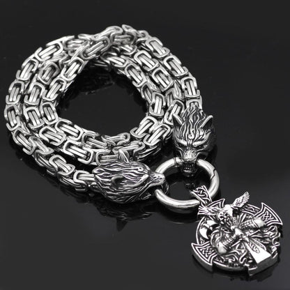 HANDMADE King's Stainless Steel Wolf Head Necklace with Odin Warrior Pendant - VikingsBrand