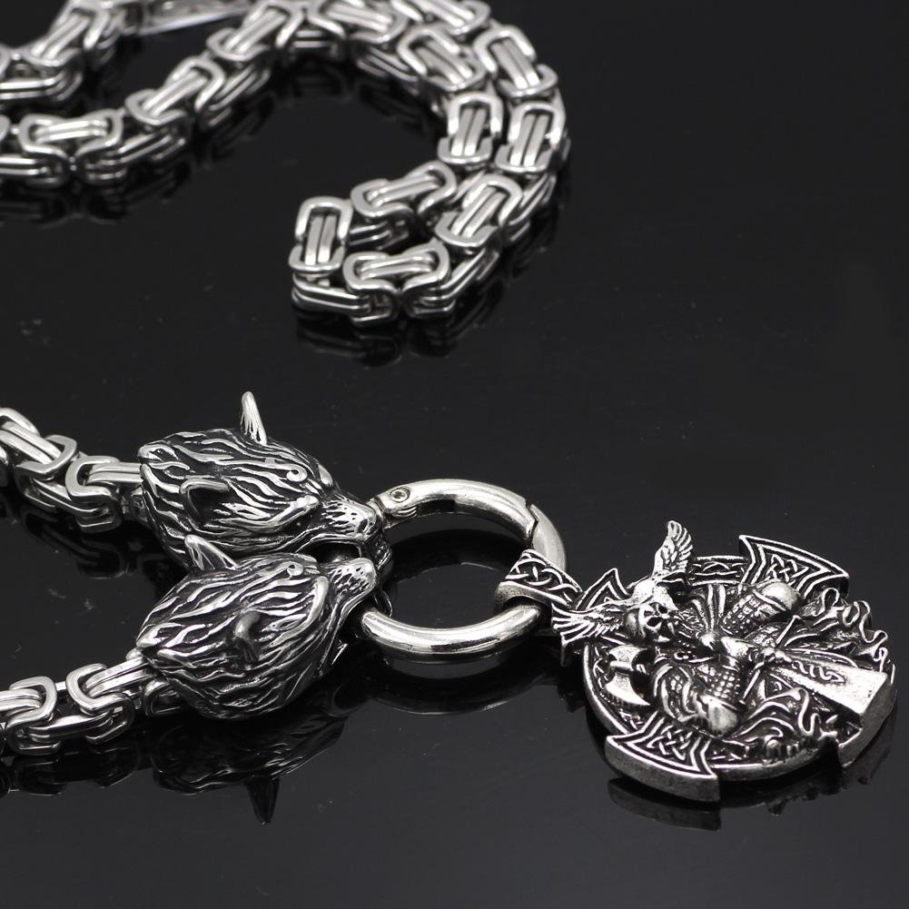 HANDMADE King's Stainless Steel Wolf Head Necklace with Odin Warrior Pendant - VikingsBrand