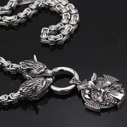 HANDMADE King's Stainless Steel Wolf Head Necklace with Odin Warrior Pendant - VikingsBrand