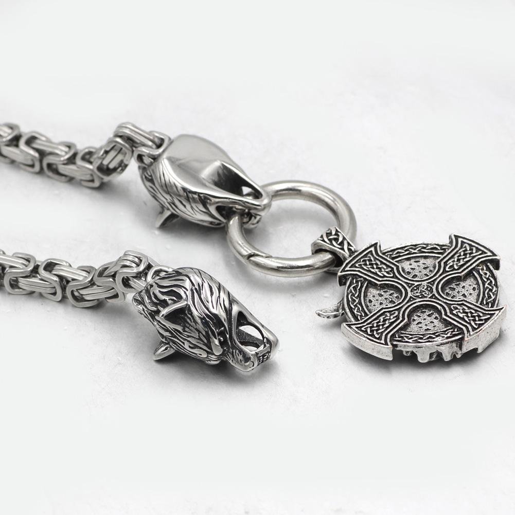 HANDMADE King's Stainless Steel Wolf Head Necklace with Odin Warrior Pendant - VikingsBrand