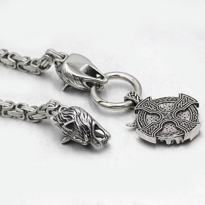 HANDMADE King's Stainless Steel Wolf Head Necklace with Odin Warrior Pendant - VikingsBrand
