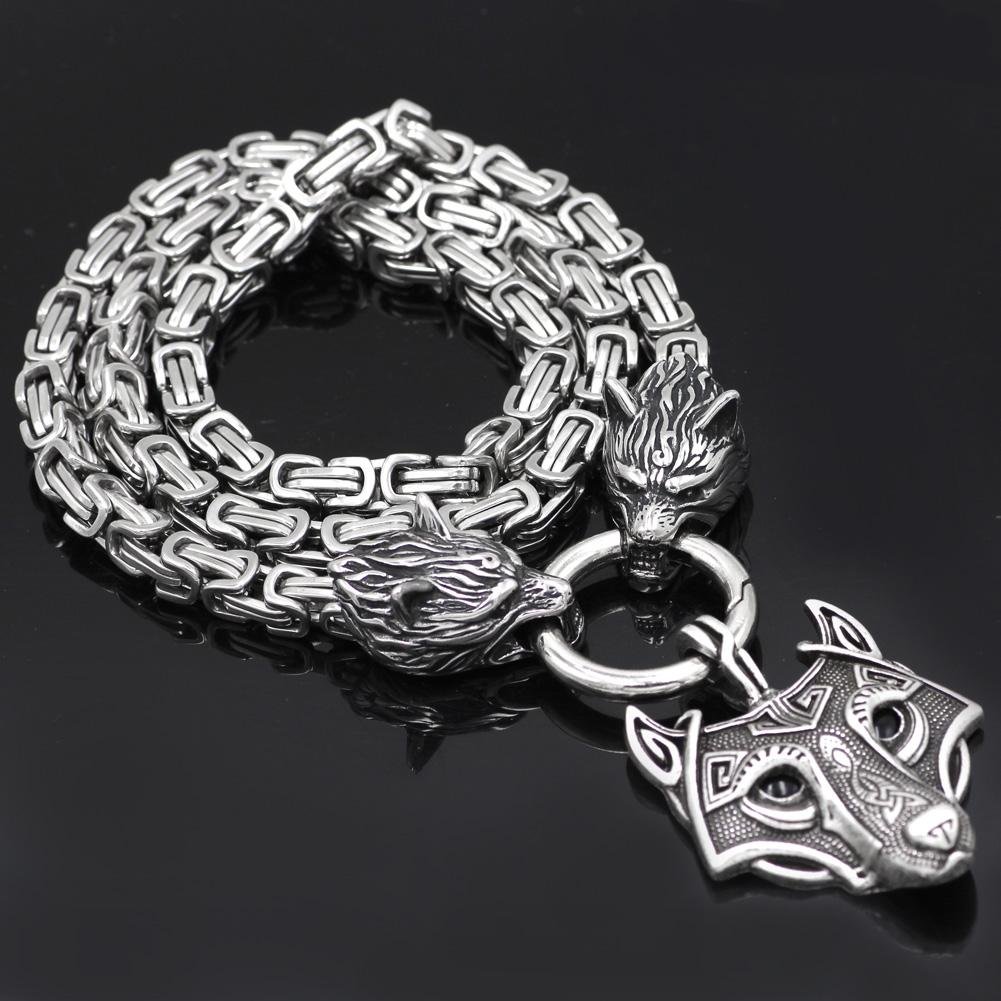 HANDMADE King's Stainless Steel Wolf Head Necklace with Wolf Pendnat - VikingsBrand