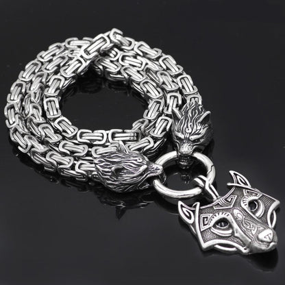 HANDMADE King's Stainless Steel Wolf Head Necklace with Wolf Pendnat - VikingsBrand