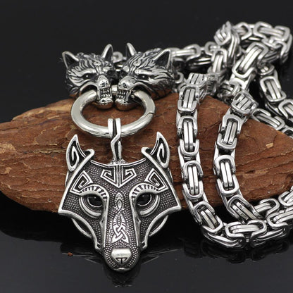 HANDMADE King's Stainless Steel Wolf Head Necklace with Wolf Pendnat - VikingsBrand