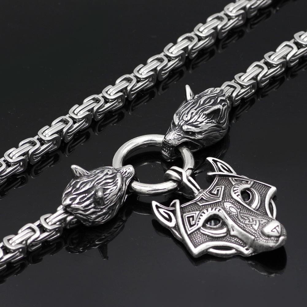 HANDMADE King's Stainless Steel Wolf Head Necklace with Wolf Pendnat - VikingsBrand