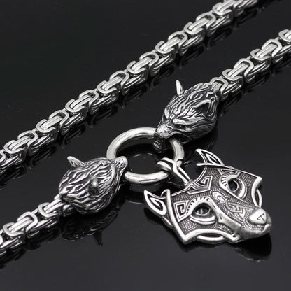 HANDMADE King's Stainless Steel Wolf Head Necklace with Wolf Pendnat - VikingsBrand