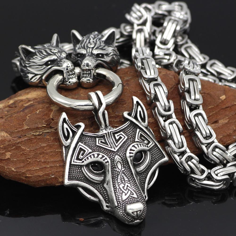 HANDMADE King's Stainless Steel Wolf Head Necklace with Wolf Pendnat - VikingsBrand
