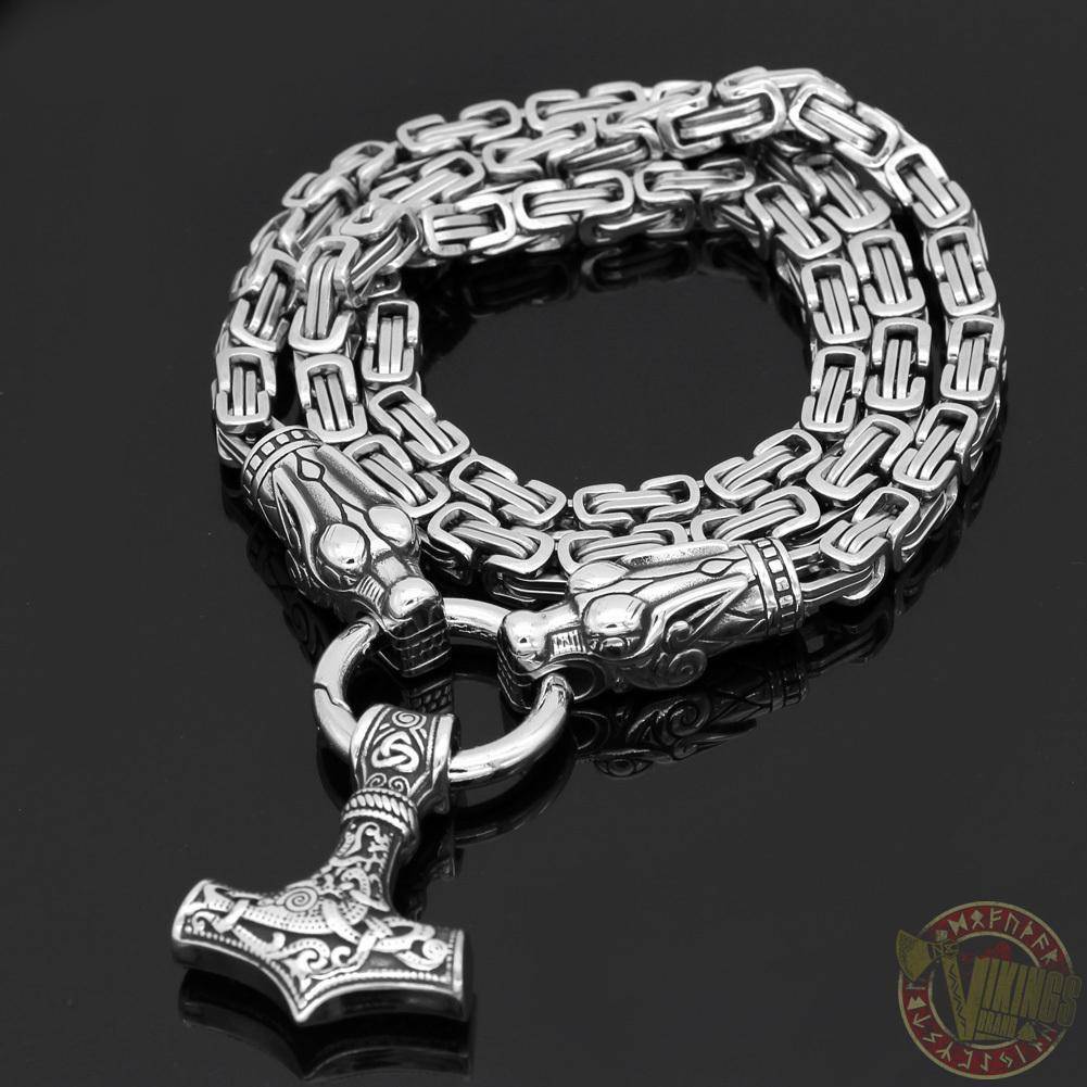 HANDMADE King's Stainless Steel Wolf Head Thor's Hammer Necklace - VikingsBrand