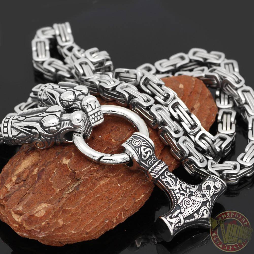 HANDMADE King's Stainless Steel Wolf Head Thor's Hammer Necklace - VikingsBrand