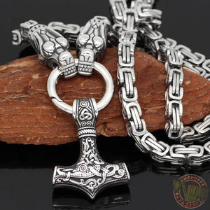 Wolfskopf-Halskette mit Königskette und Mjölnir aus Edelstahl