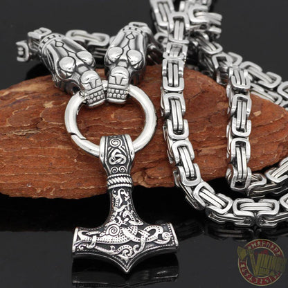 HANDMADE King's Stainless Steel Wolf Head Thor's Hammer Necklace - VikingsBrand
