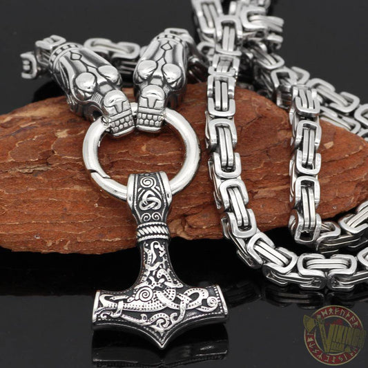 HANDMADE King's Stainless Steel Wolf Head Thor's Hammer Necklace - VikingsBrand