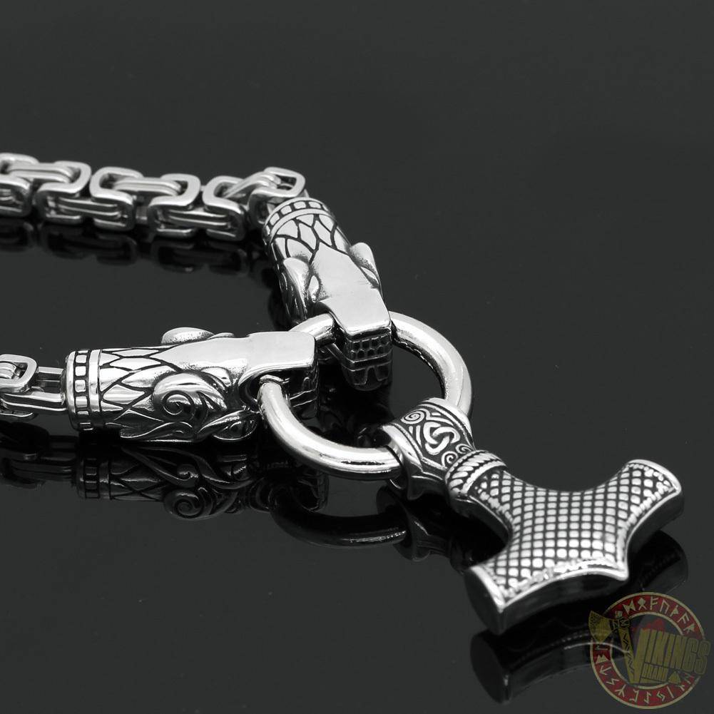 HANDMADE King's Stainless Steel Wolf Head Thor's Hammer Necklace - VikingsBrand